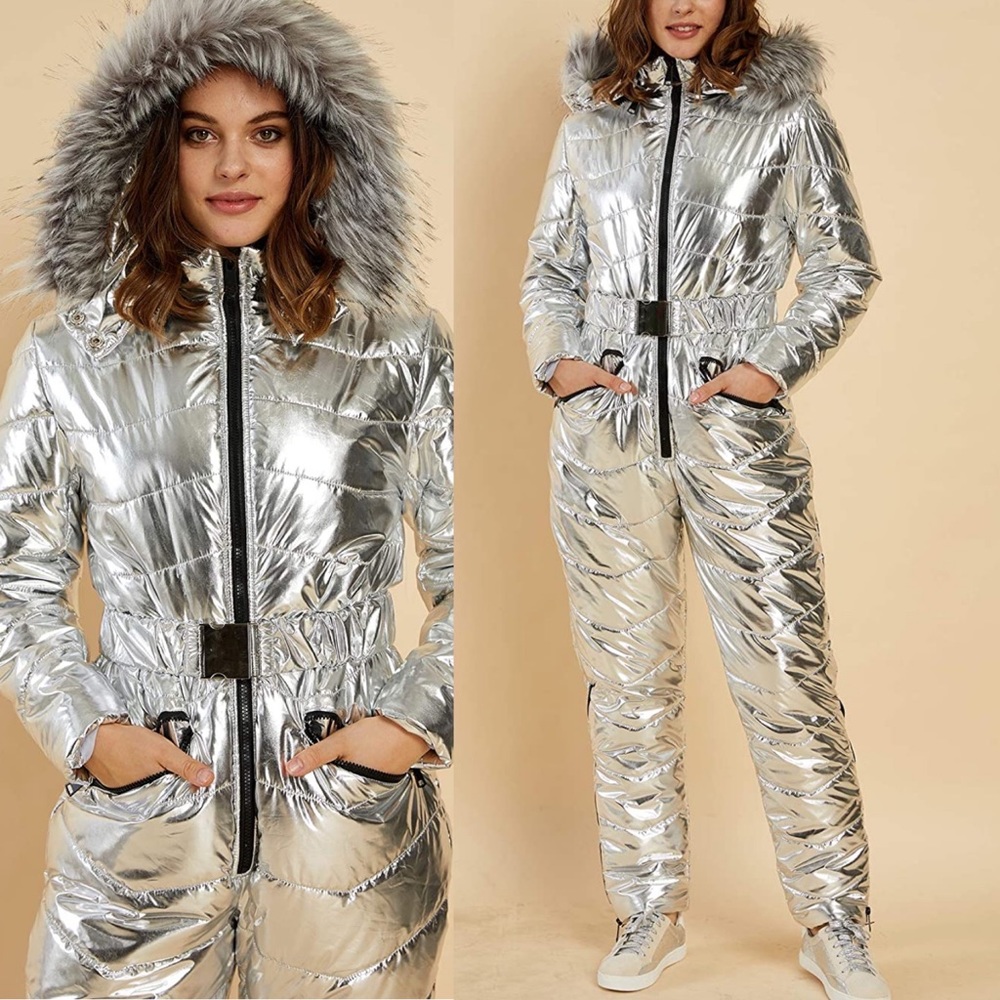 - -❄️ Women  SILVER Winter Onesies Ski Suit Fur Collar Ski Jumpsuit Snowsuit NEW
